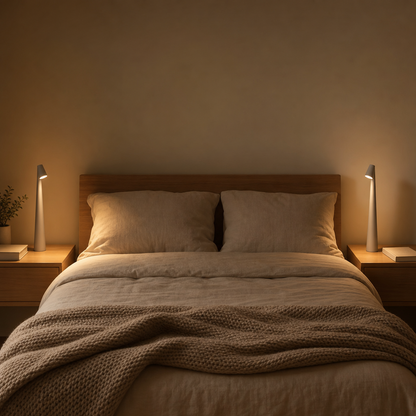 Two LumiNord cordless bedside lamps on both bedside tables in the bedroom