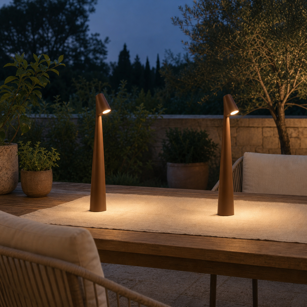Two brown cordless LED table lamps LumiNord on a garden terrace at dusk