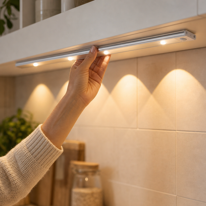 Hand attaching the cordless LED under cabinet light under the kitchen cabinet without drilling