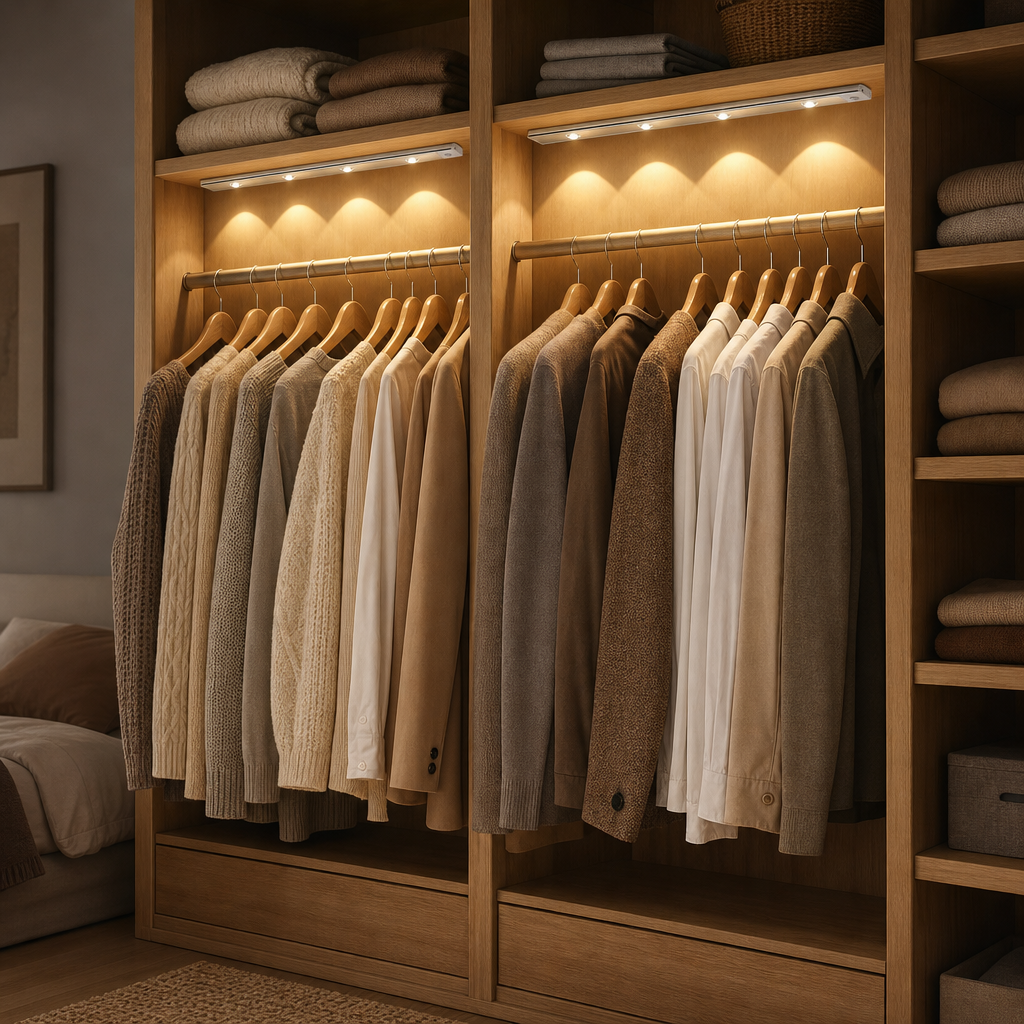Cordless LED light bars with motion sensor in the wardrobe
