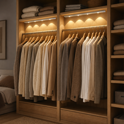 Cordless LED light bars with motion sensor in the wardrobe