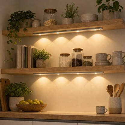 Two cordless LED light bars under open wall shelves in the kitchen