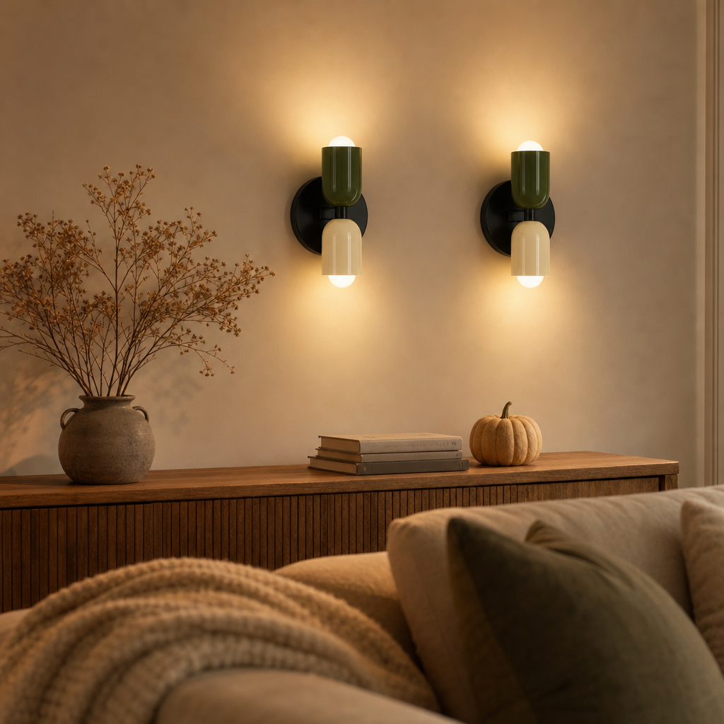 Zwei LED Wandleuchten Orion in Grün und Weiß über dem Sideboard im Wohnzimmer
