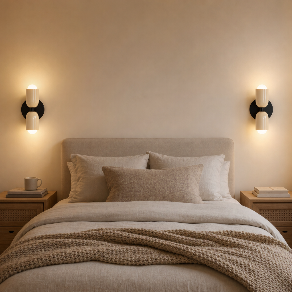 Zwei Wandleuchten als Leselampen links und rechts vom Bett im Schlafzimmer