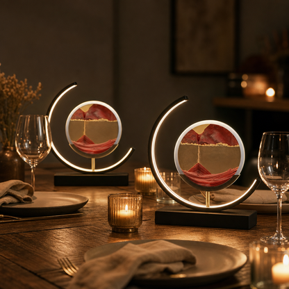 Two red SandArt LED sand lamps as table decoration on the set dining table by candlelight