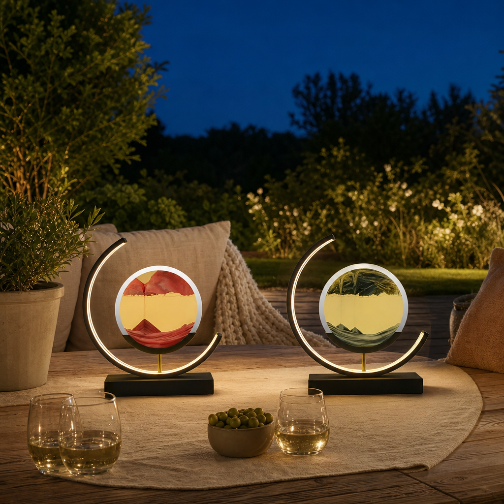 Two cordless SandArt sand lamps on the terrace at dusk