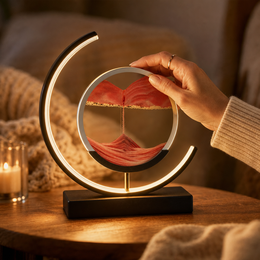 Hand turning the sand circle of the glowing SandArt sand lamp with red sand