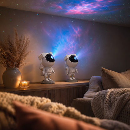 Two Astronaut star projectors on the sideboard in a cosy living room