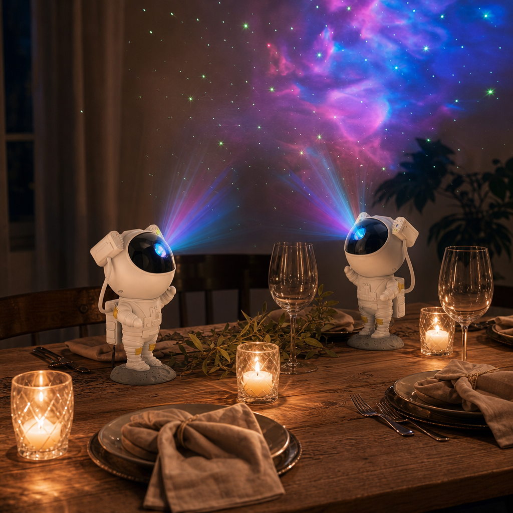 Two Astronaut projectors on a laid dining table, romantic dinner under the starry sky
