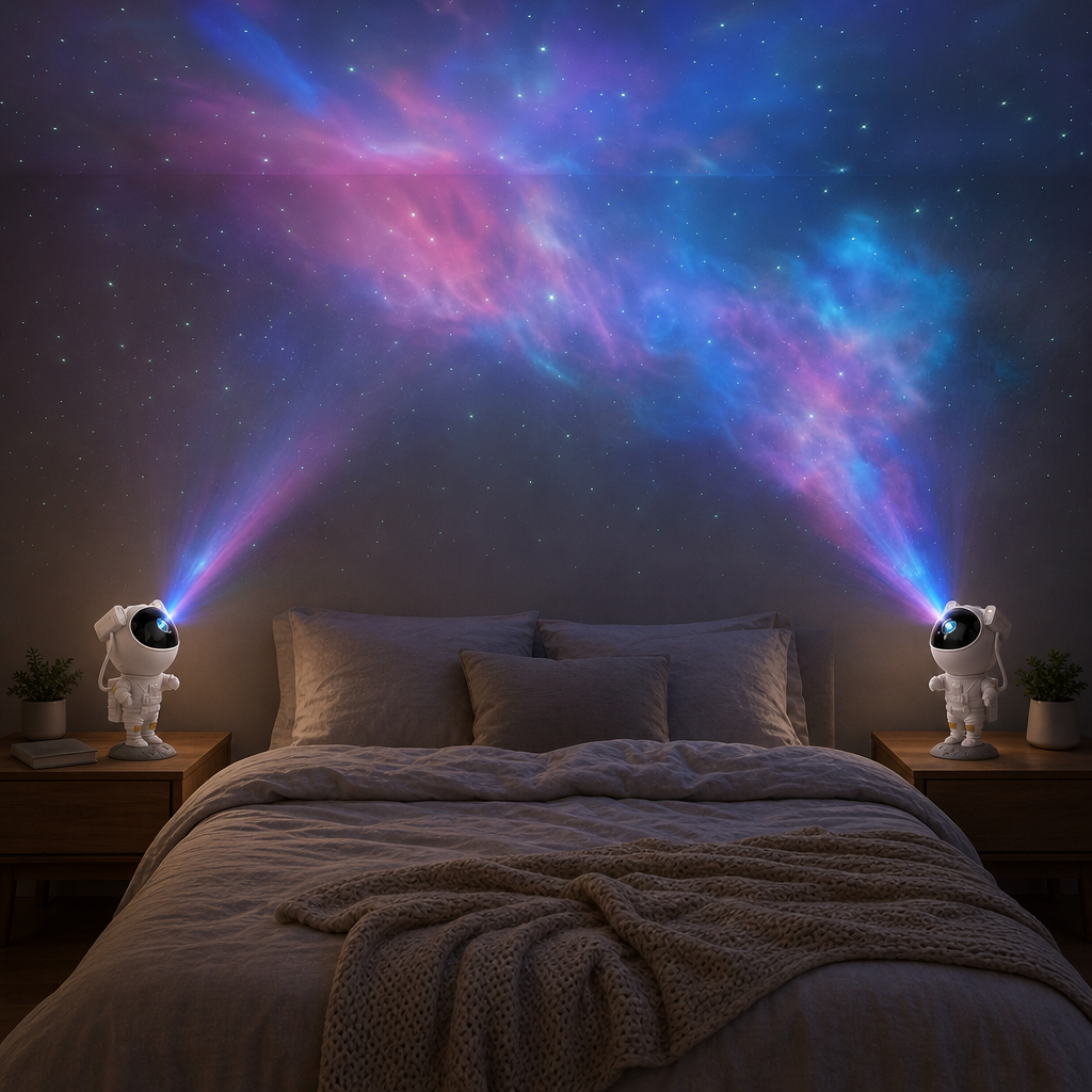 Two Astronaut projectors as bedside lamps project a starry sky above the bed
