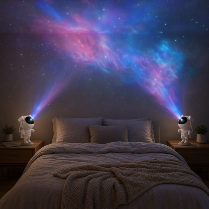 Two Astronaut projectors as bedside lamps project a starry sky above the bed