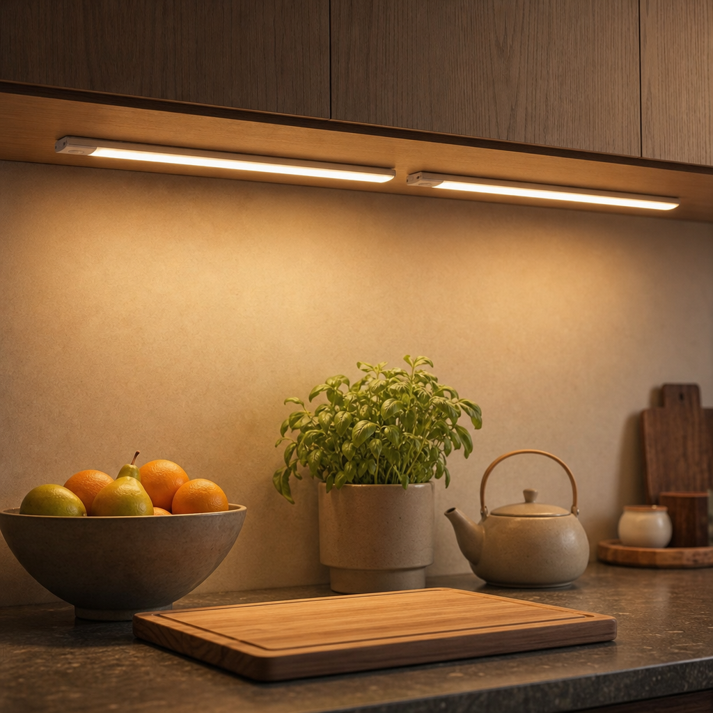 Two LazyStick LED under cabinet lights under the kitchen cabinets in the evening