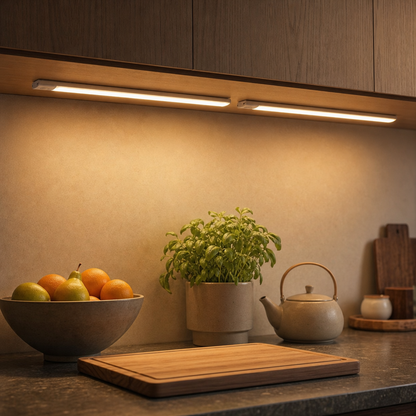 Two LazyStick LED under cabinet lights under the kitchen cabinets in the evening