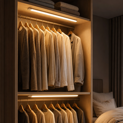 Two LazyStick wardrobe lights with motion sensor in the wardrobe