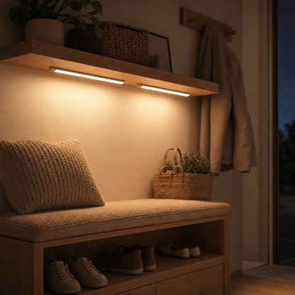 Two LazyStick LED light bars under the wall shelf in the hallway above the shoe bench