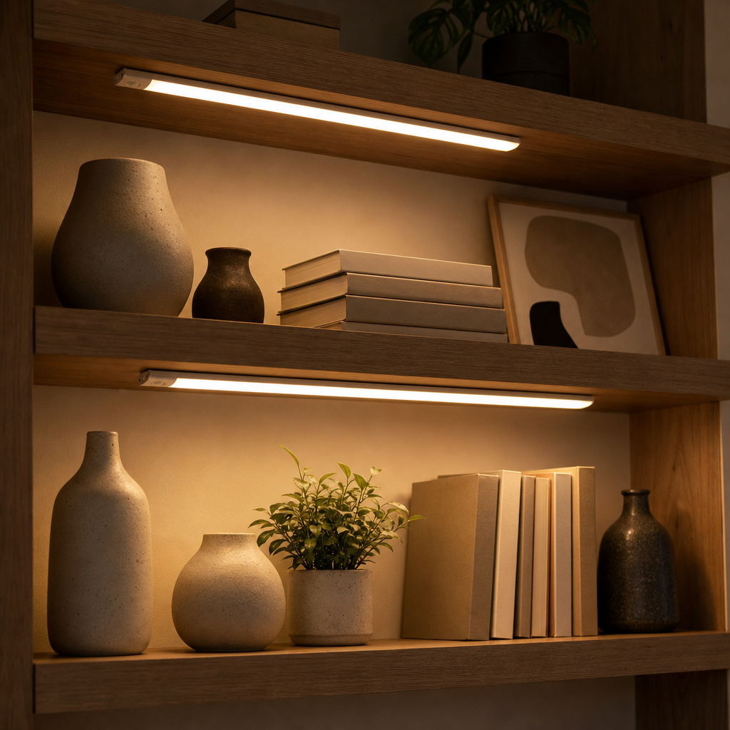 Two cordless LazyStick lights as shelf lighting in the living room
