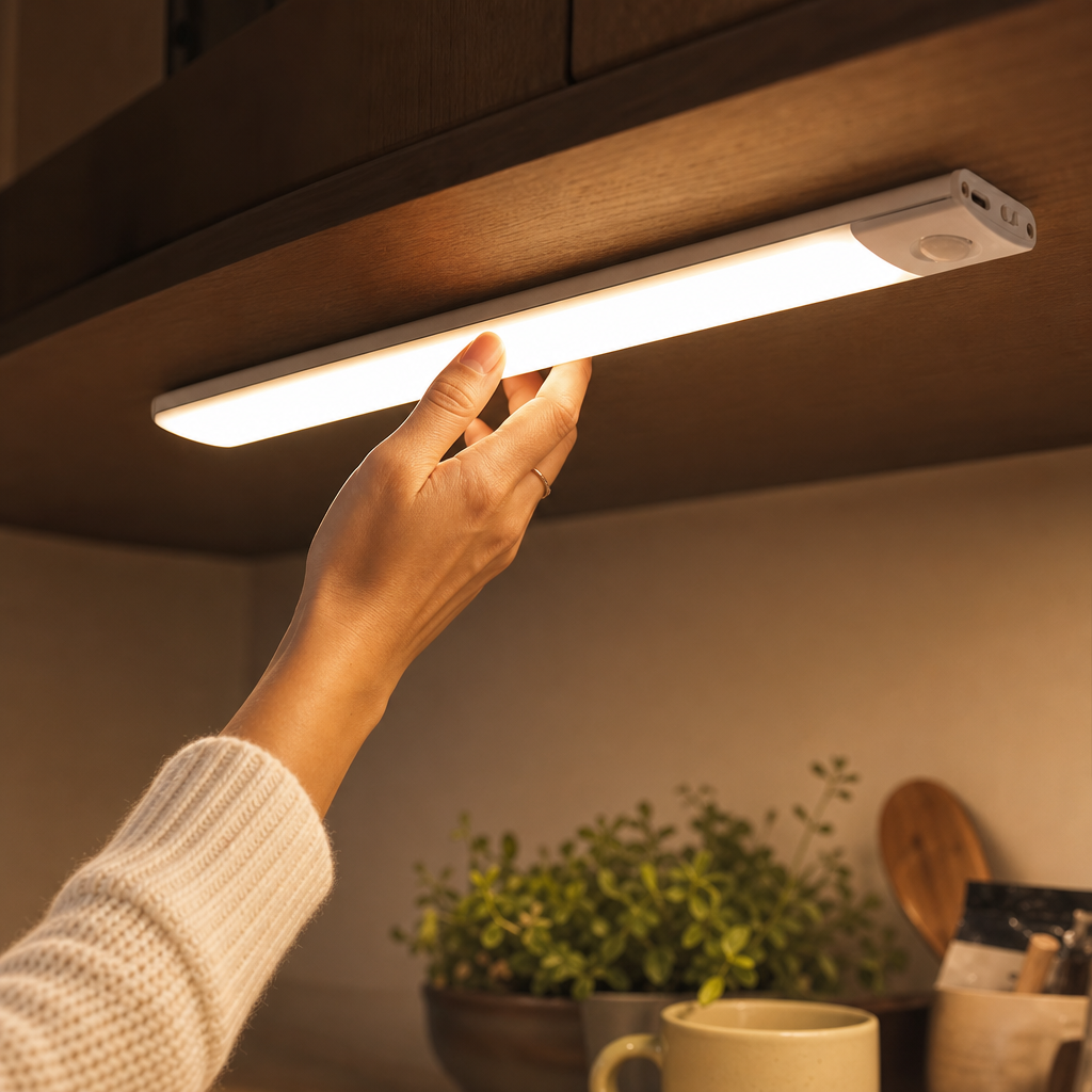 Hand attaching the LazyStick LED light bar magnetically under the kitchen cabinet