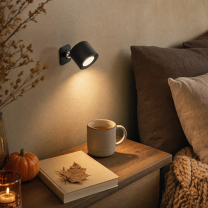 Cordless LED wall light EasyLamp in black with magnet and battery by the bed