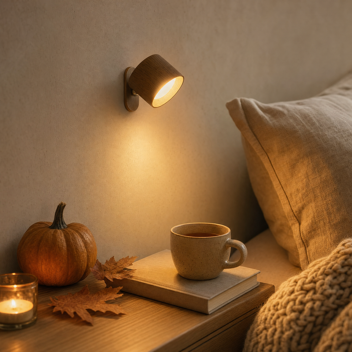 Cordless LED wall light EasyLamp in wood finish with magnet and battery by the bed