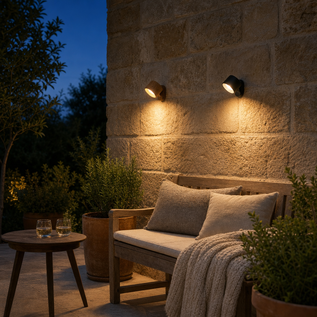 Two cordless EasyLamp wall lights on the house wall on the terrace at dusk