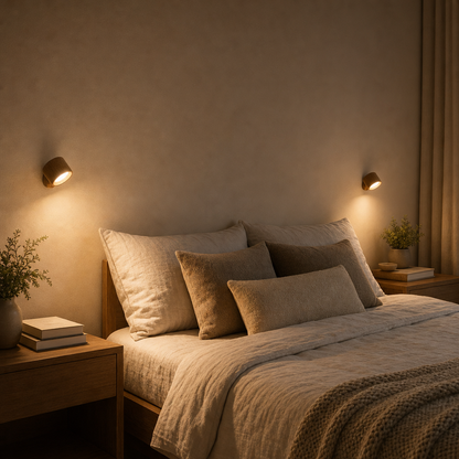 Two cordless EasyLamp wall lights in wood finish as reading lamps on both sides of the bed