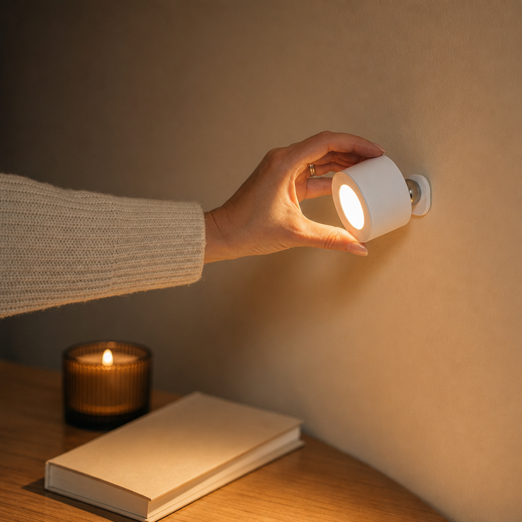 Hand placing the cordless EasyLamp onto the magnetic wall mount