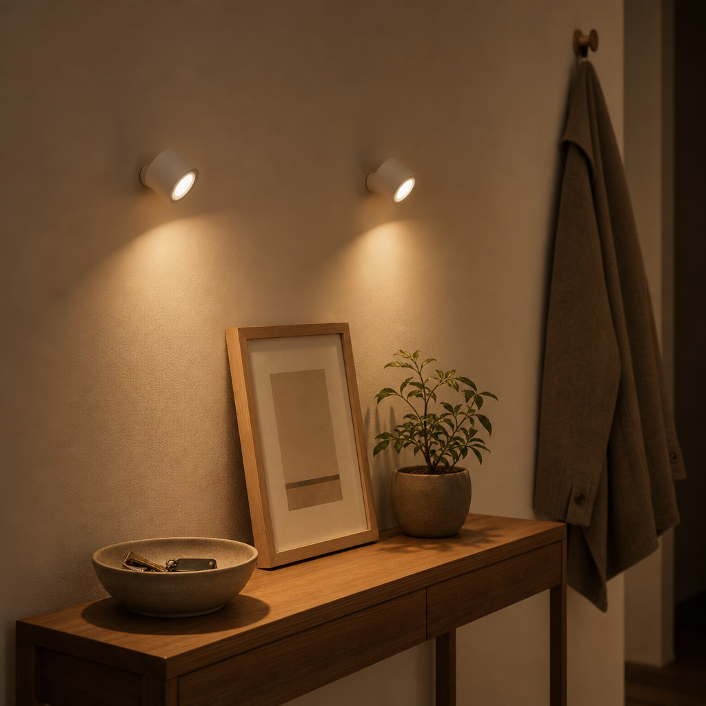 Two white EasyLamp wall lights in the hallway above the console table