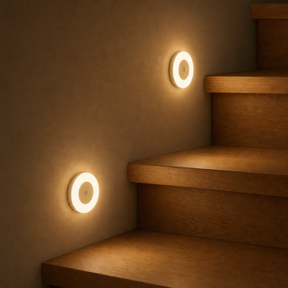 Two LumiBeam stair lights with motion sensor on a wooden staircase