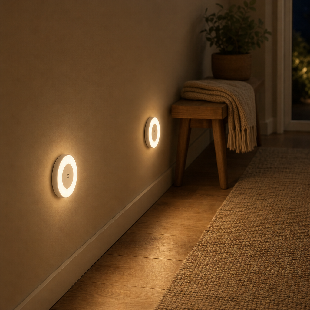 Two LumiBeam motion sensor night lights in the hallway at night