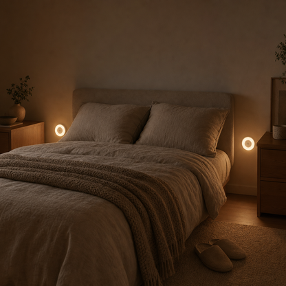Two LumiBeam night lights next to the bed in the bedroom