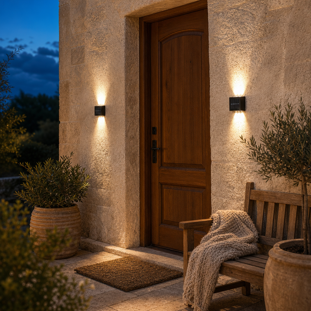 Two SolarGlow solar wall lights on both sides of the front door in the evening