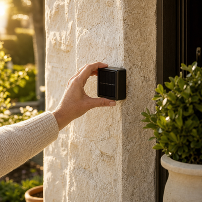 Hand mounting the SolarGlow solar wall light on the house wall
