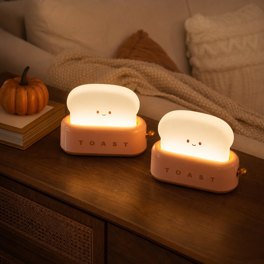Two ToastLight toaster lamps on a sideboard in a cosy living room