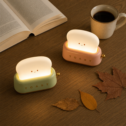 Two ToastLight toaster night lights with a book and coffee on a wooden table