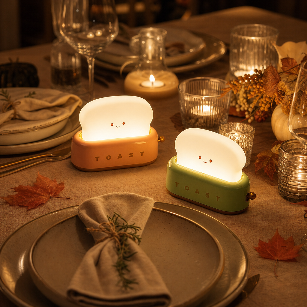 ToastLight toaster night lights in orange and green on a set dining table