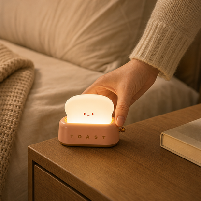 Hand placing the ToastLight toaster night light on the bedside table