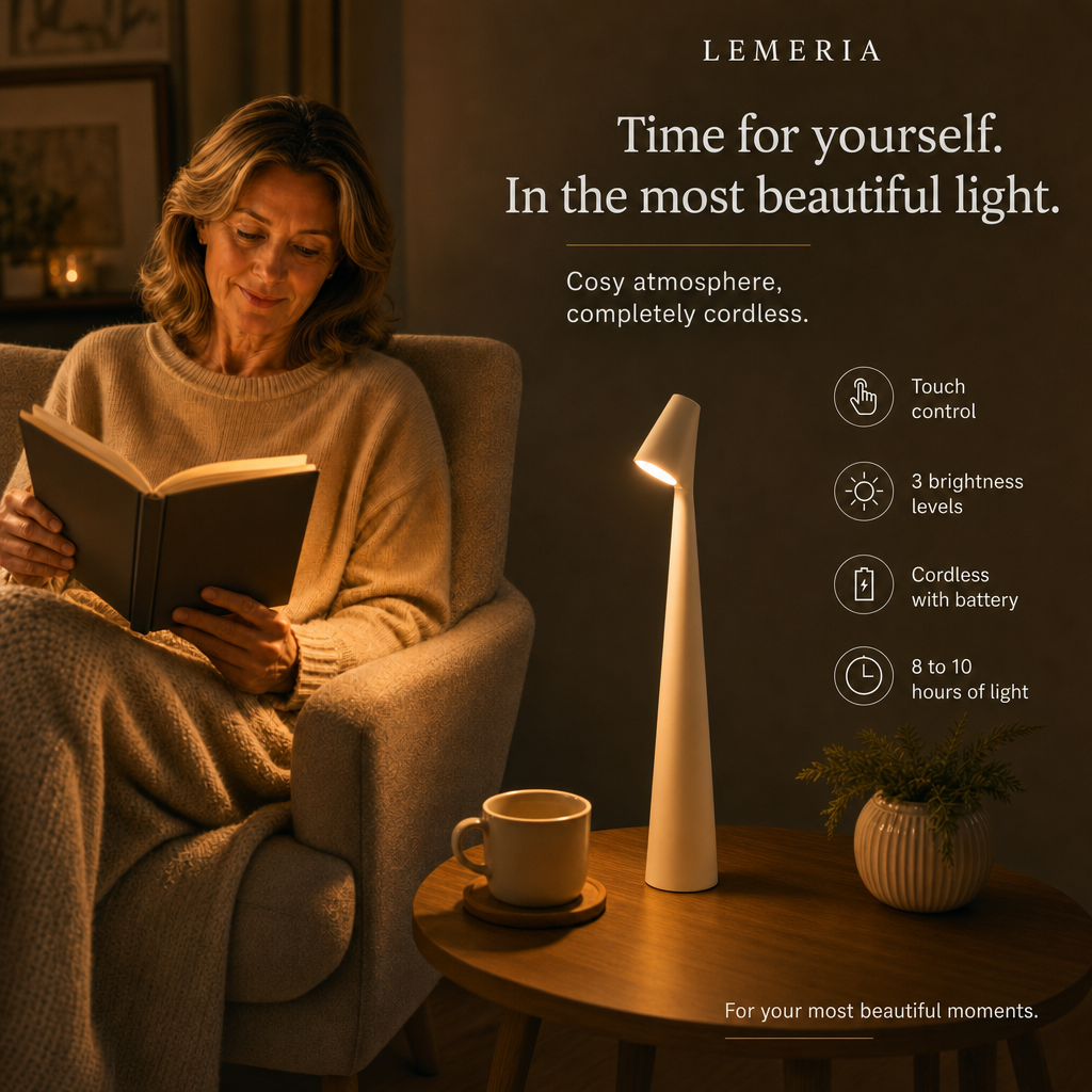 Woman reading in an armchair with the LumiNord cordless LED table lamp, touch control and 3 brightness levels