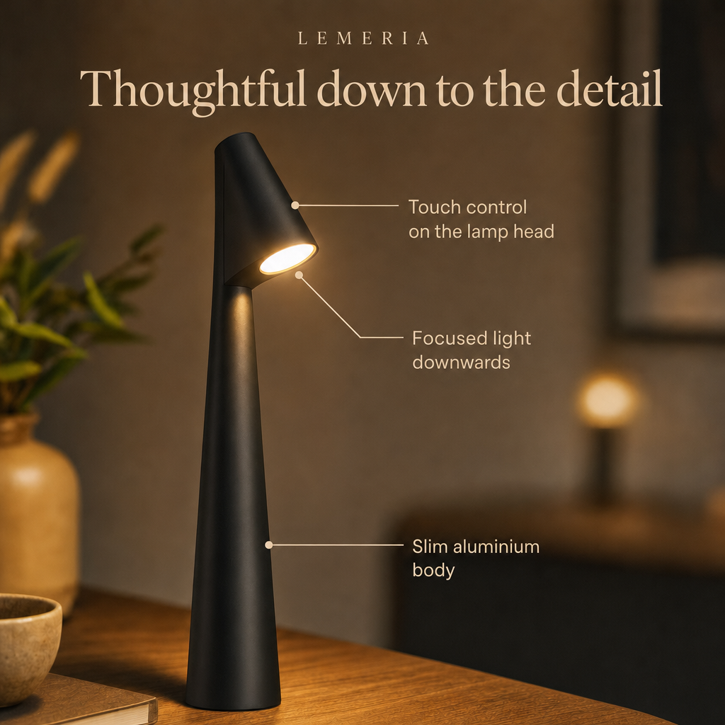 LumiNord details: touch control on the lamp head, focused light downwards, slim aluminium body