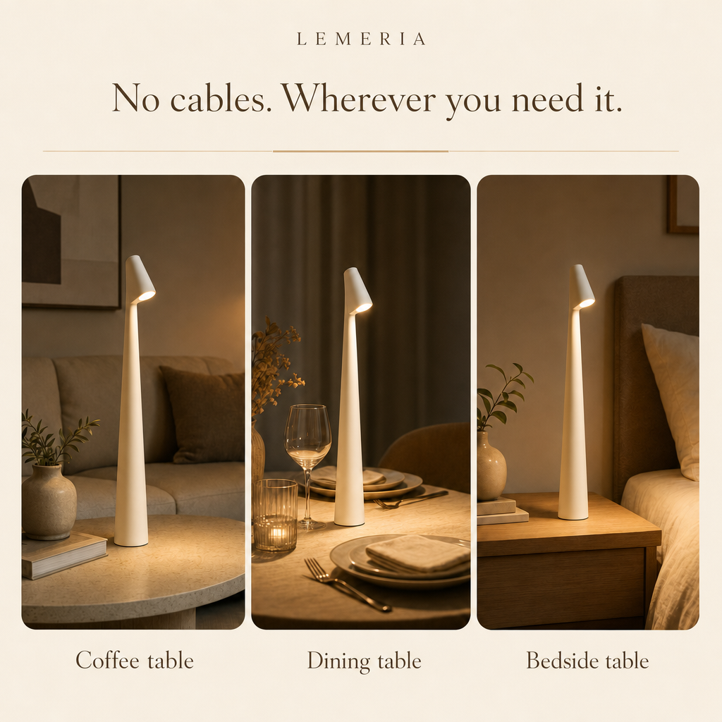 Cordless LED table lamp LumiNord on coffee table, dining table and bedside table