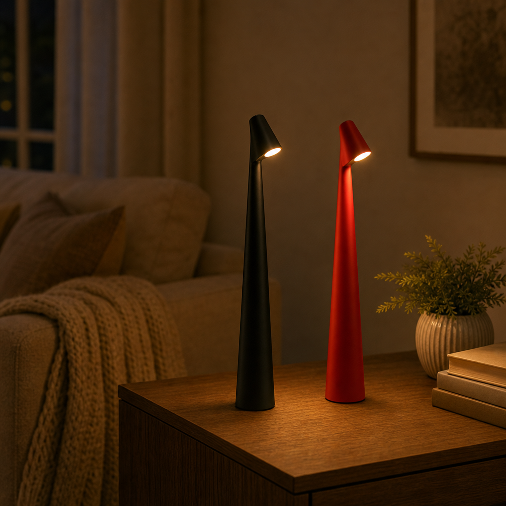 Two LumiNord cordless LED table lamps in black and red on a sideboard in the living room