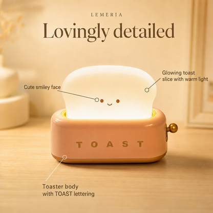 ToastLight details: smiley face, glowing toast slice, toaster body
