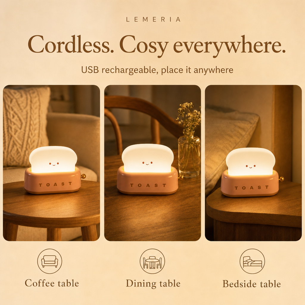 Cordless toaster table lamp ToastLight on coffee table, dining table and bedside table