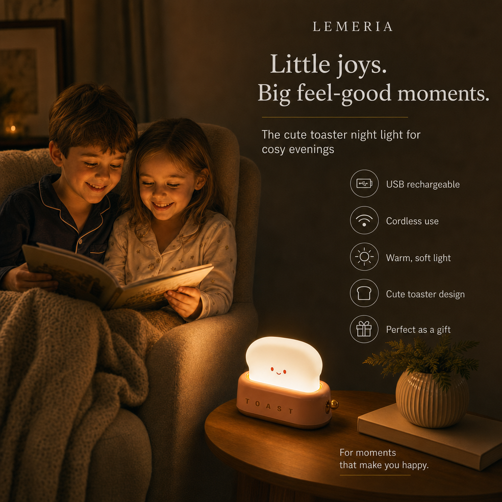 Boy and girl reading next to the ToastLight toaster night light, kids room lamp USB rechargeable