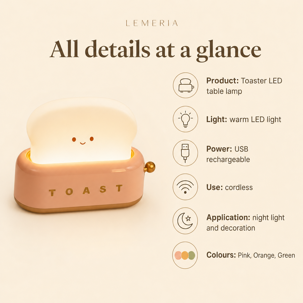 ToastLight specifications: USB rechargeable, cordless, warm LED light