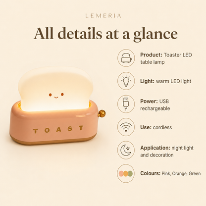 ToastLight specifications: USB rechargeable, cordless, warm LED light