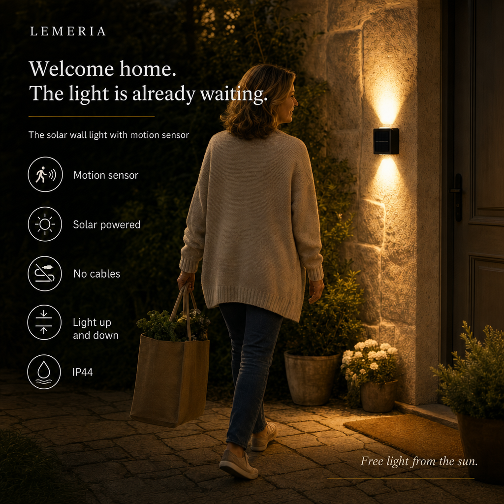 Woman comes home in the evening, the SolarGlow solar outdoor light switches on automatically via motion sensor