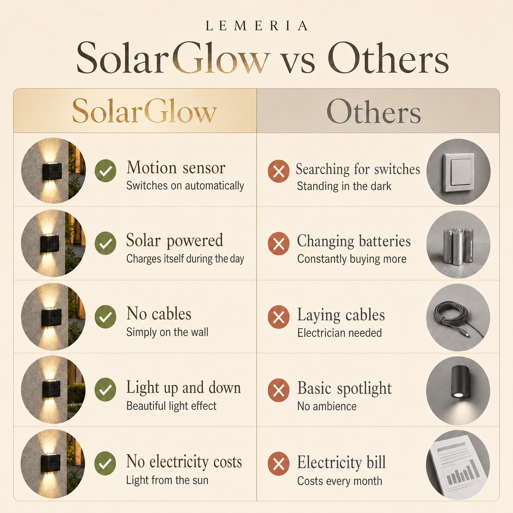 SolarGlow vs others: motion sensor, solar powered, no cables, no electricity costs