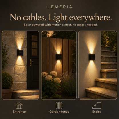 Cordless solar outdoor light at the entrance, on the garden fence and on the stairs