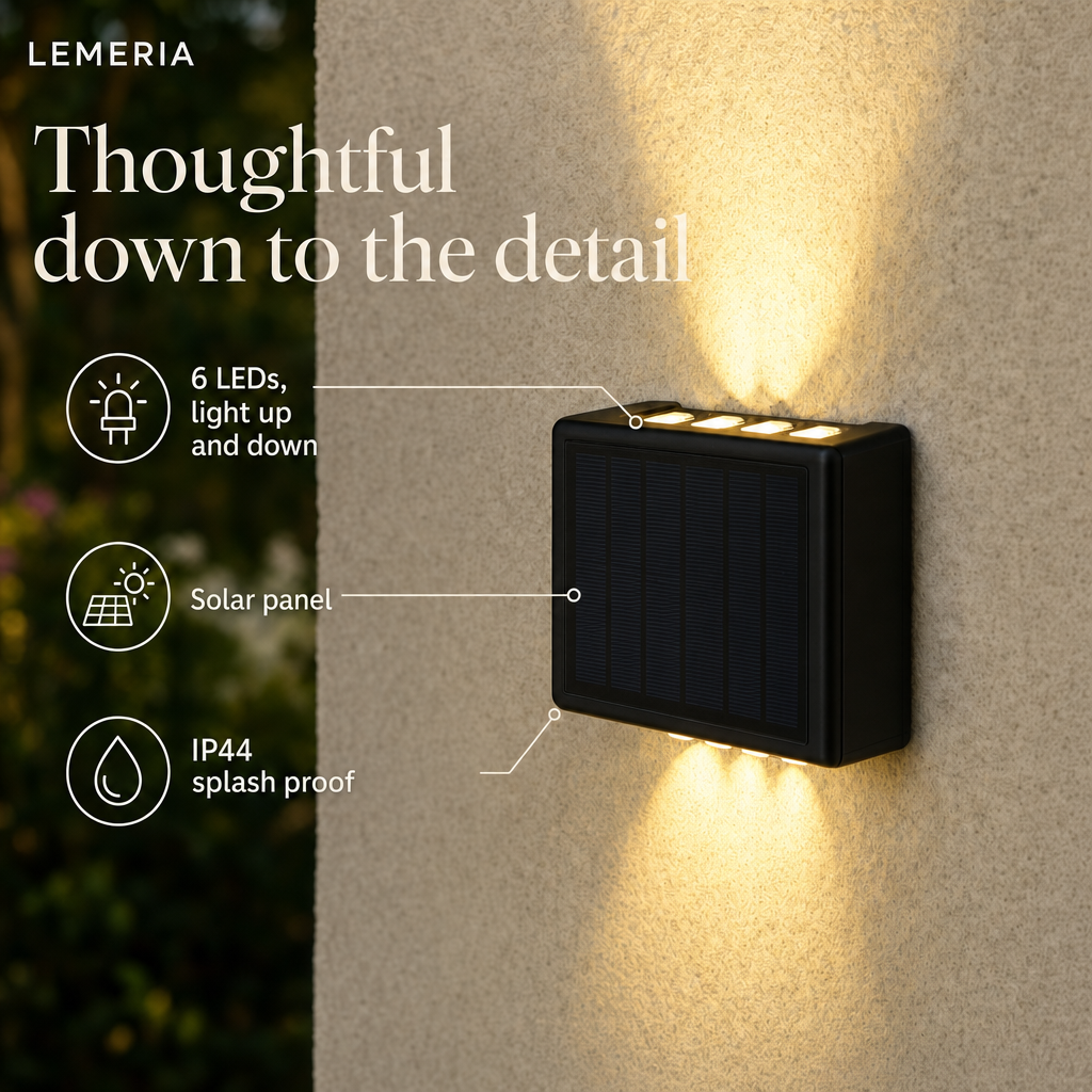 SolarGlow details: solar panel, 6 LEDs with light up and down, IP44 splash proof