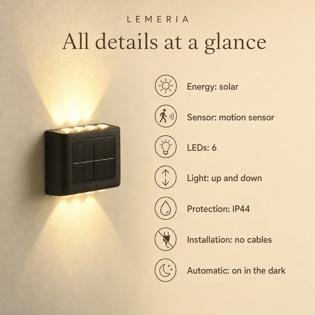 SolarGlow specifications: solar, motion sensor, 6 LEDs, light up and down, IP44